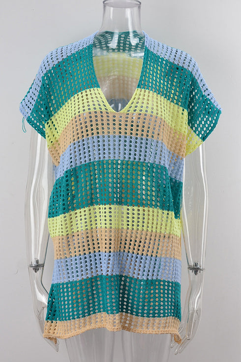 Striped Hollow Out Knit V Neck Tunic Cover Up